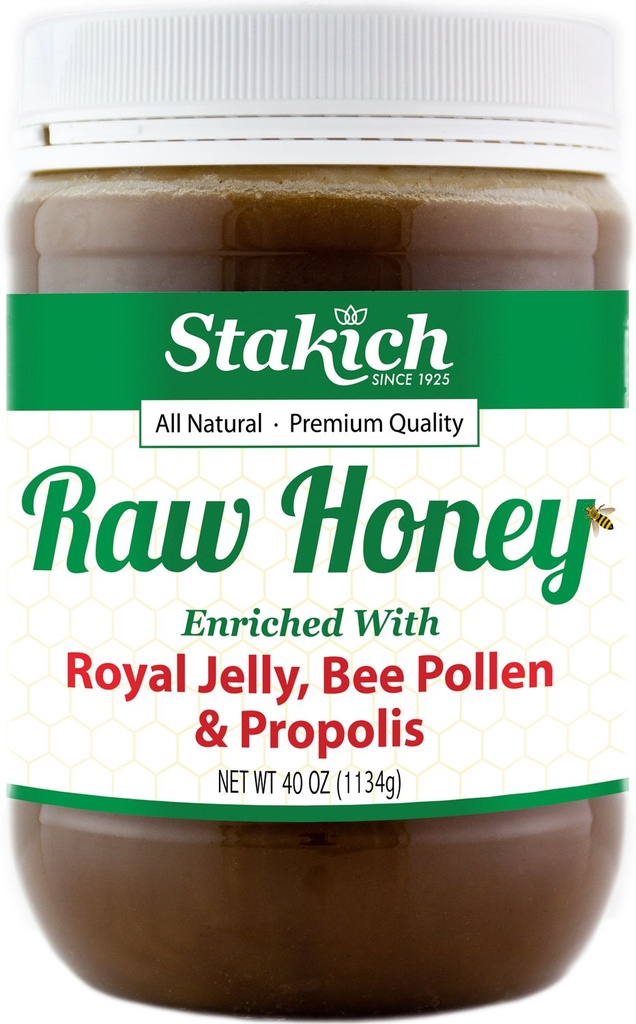 Stakich Royal Jelly, Bee Pollen, Propolis Raw Honey - 순수, 처리되지 않은, 가열 - 40 Ounce