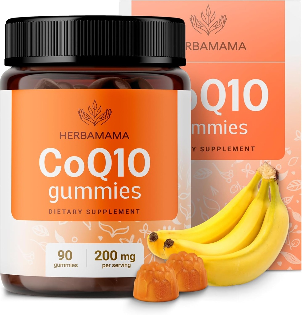 HERBAMA CoQ10 Gummies - 산화를 억제하는 지원을 위한 200mg Coenzyme Q10 - 채식주의자, 비 GMO 매일 에너지 지원 보충교재 - 90 Pectin 기초를 두는 바나 잎 Chews