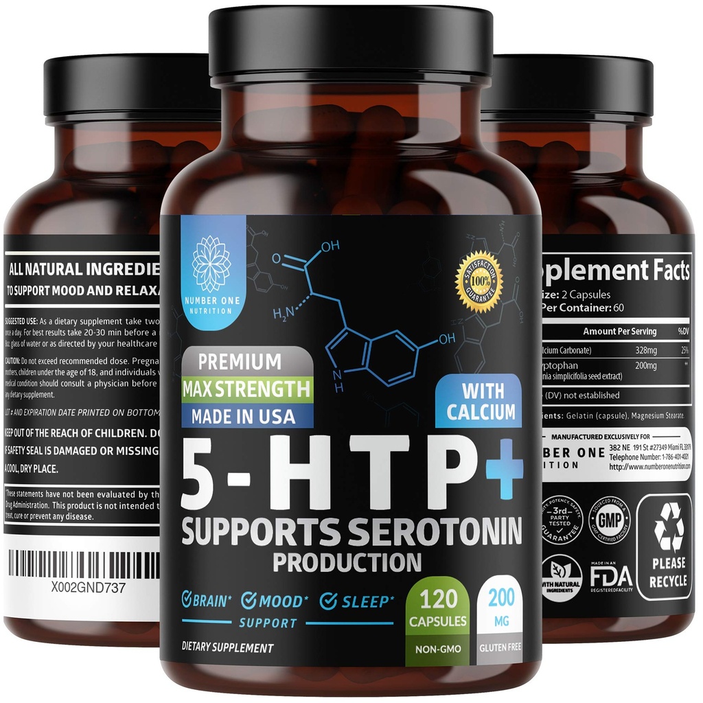 N1N 프리미엄 5-HTP 200mg 플러스 칼슘, Griffonia 씨앗 추출물, 비 GMO 및 글루텐, 120 캡에서 만든