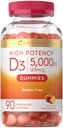 Carlyle Vitamin D3 Gummies | 5000 iu | 90 개 | 복숭아 맛있은 거미 | 성인의 높은 효능 | 채식주의, 비 GMO, 글루텐 무료 보충