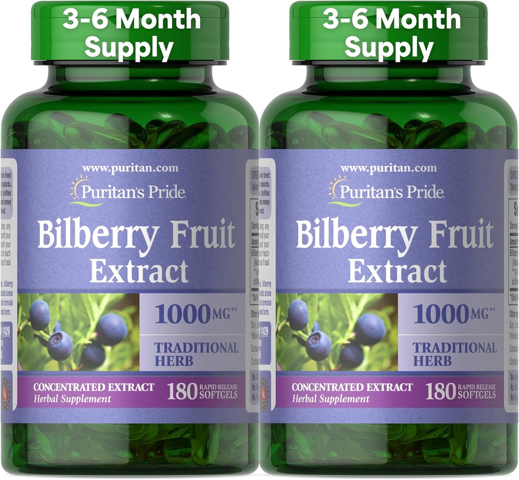 Puritan의 Pride 프리미엄 Bilberry 과일 추출물 250 mg (1000mg 상당), 4 : 1 농축 된 전통 초본 보충, 비타민 C, 3 ~ 6 개월 공급, 180 Rapid Release Softgels 2-Pack