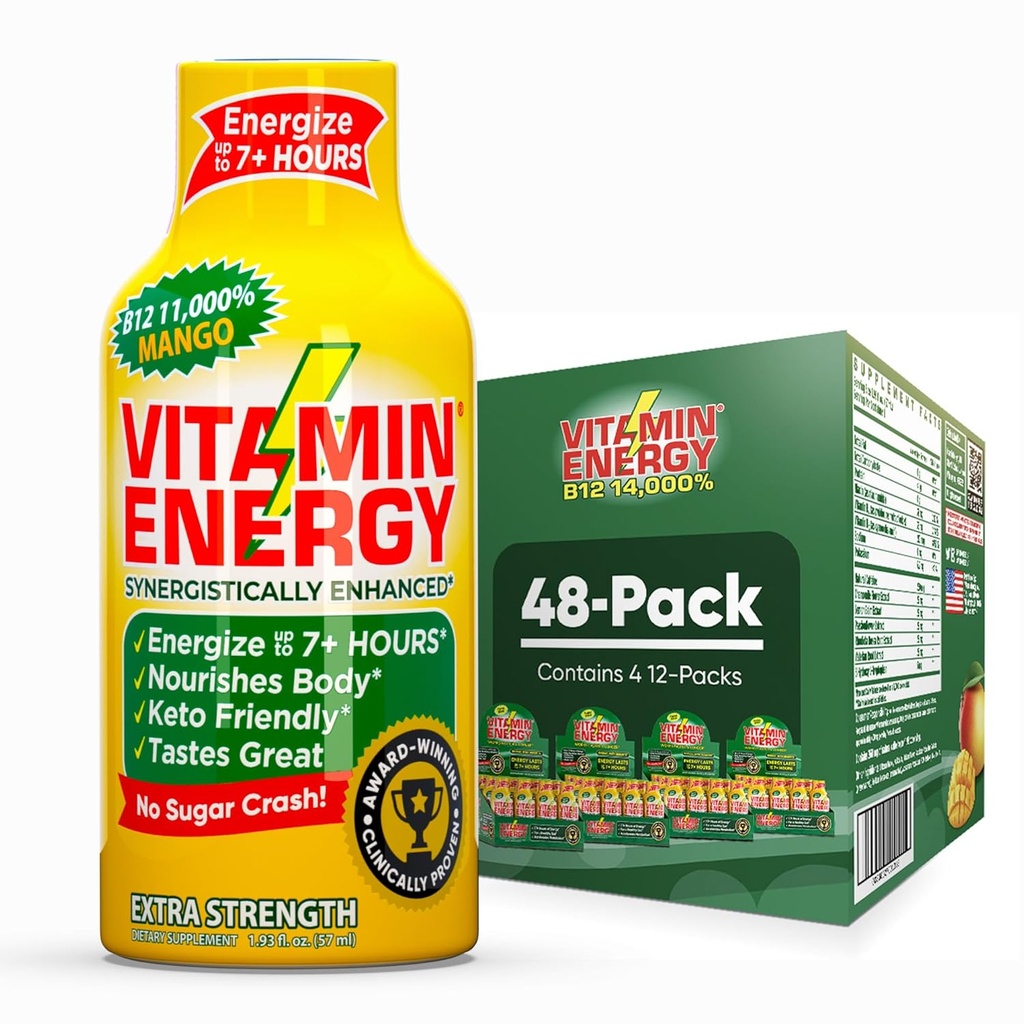 비타민 에너지 B12 11,000% 여분 힘 에너지 탄 망고 48 팩, 260mg 자연적인 카페인, B12 & B6, Nootropic 초점, 활력, 영 설탕, 글루텐 자유로운, Vegan, 고약, 1.93 fl oz