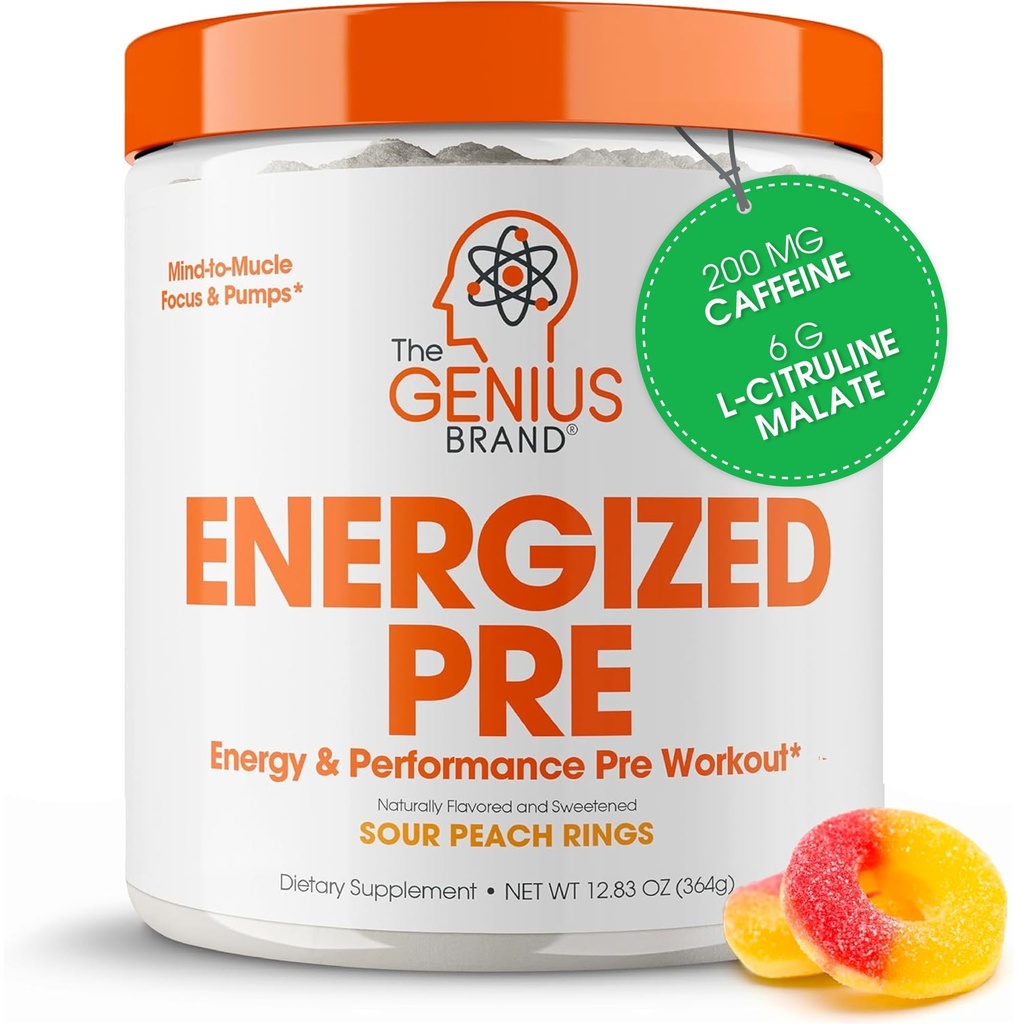 Genius Energized Pre Workout Powder – 베타 알라닌 및 알파 GPC, 인공 감미료 또는 염료와 함께 Caffeine 주입 전 운동 부스터 보충 - 200mg 카페인, 20 서빙, Sour Peach Ring
