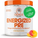 Genius Energized Pre Workout Powder – 베타 알라닌 및 알파 GPC, 인공 감미료 또는 염료와 함께 Caffeine 주입 전 운동 부스터 보충 - 200mg 카페인, 20 서빙, Sour Peach Ring
