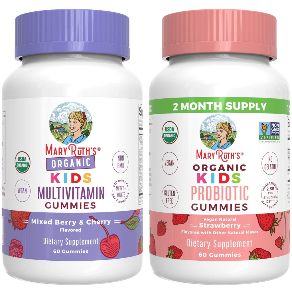 MaryRuth Organics Gummies for Kids – 다비타민 (Mixed Berry & Cherry), & Probiotic (Strawberry) | USDA 유기, 젤라틴 없음! | 면역성 비타민, 과트 건강, & 전반적인 웰빙 | Vegan, Non-GMO