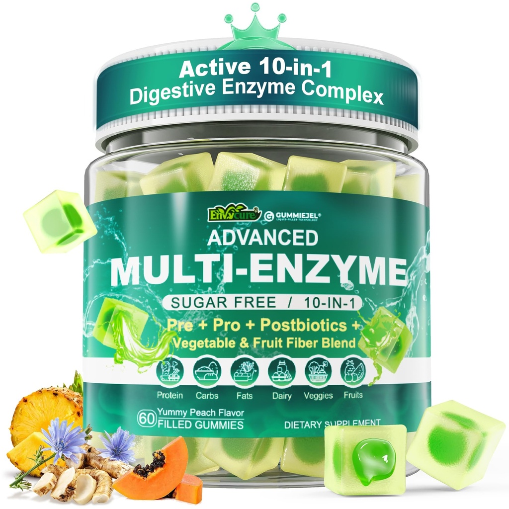 여성 및 남성, 90Billion CFU Probiotics 및 Prebiotics & Postbiotic, 야채 및 과일 섬유 혼합, 소화 및 Gut 건강, 면역, 60Cts를위한 슈퍼 효소에 대한 소화 효소 효소 Gummies