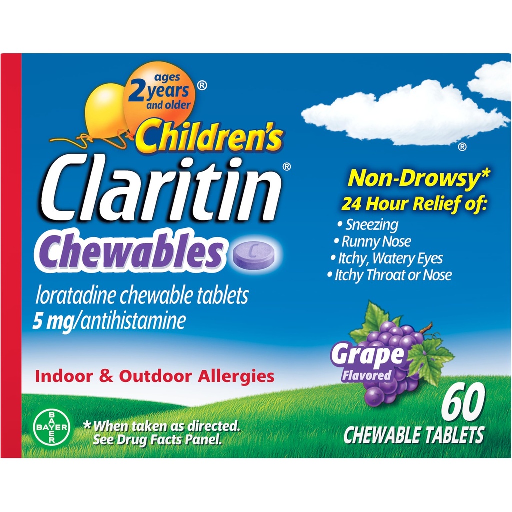 아이들의 Claritin Chewables 24 HR 아이들 알레르기 약, 포도, 60 조사
