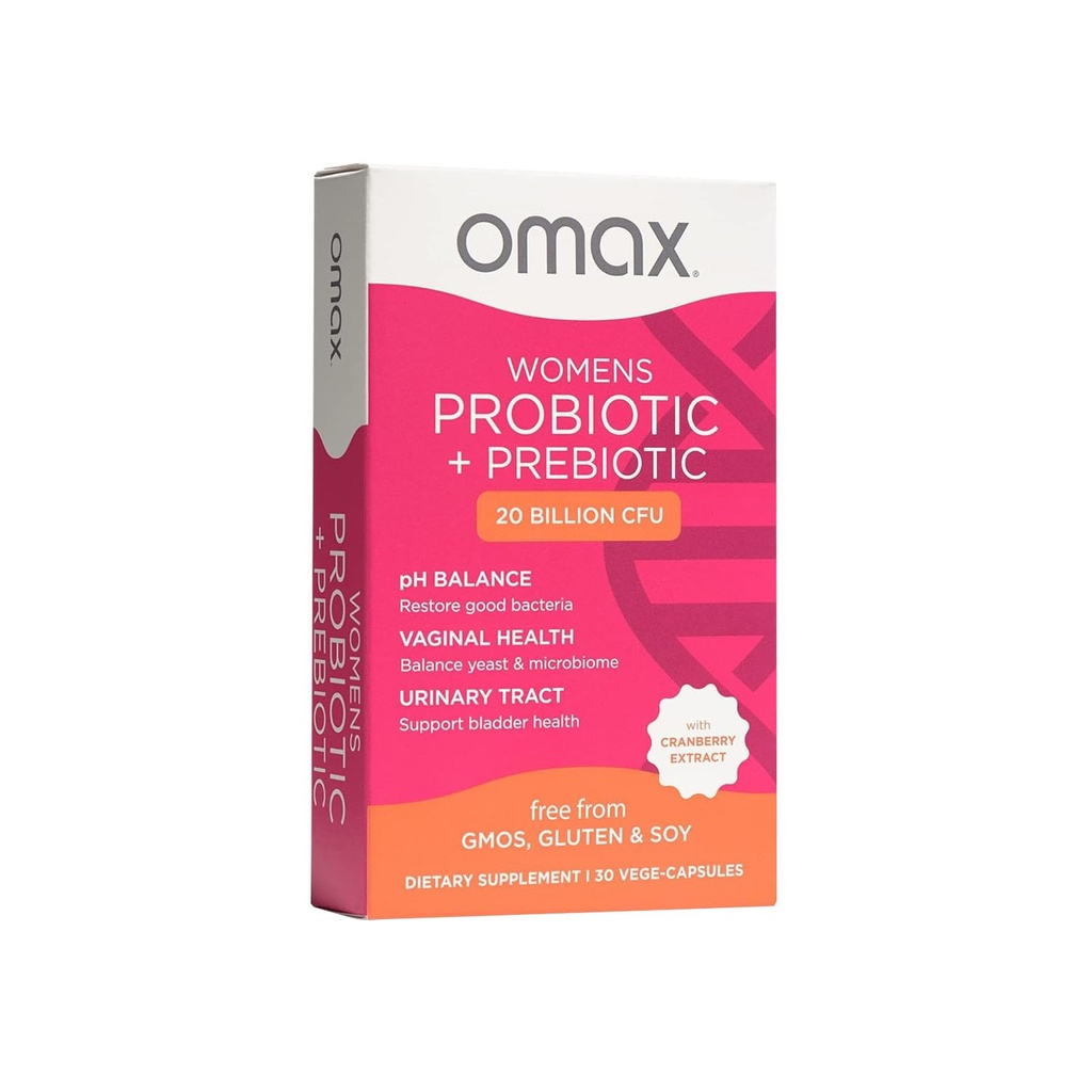 Omax Health Prebiotics and Probiotics Complex for Women, pH Balance, Vag Health, Urinary Tract, Yeast & BV Prevention, Lactobacillus & Bifidobacterium | Vegan, Organic, 글루텐 프리 | 30 Vege-Capsules