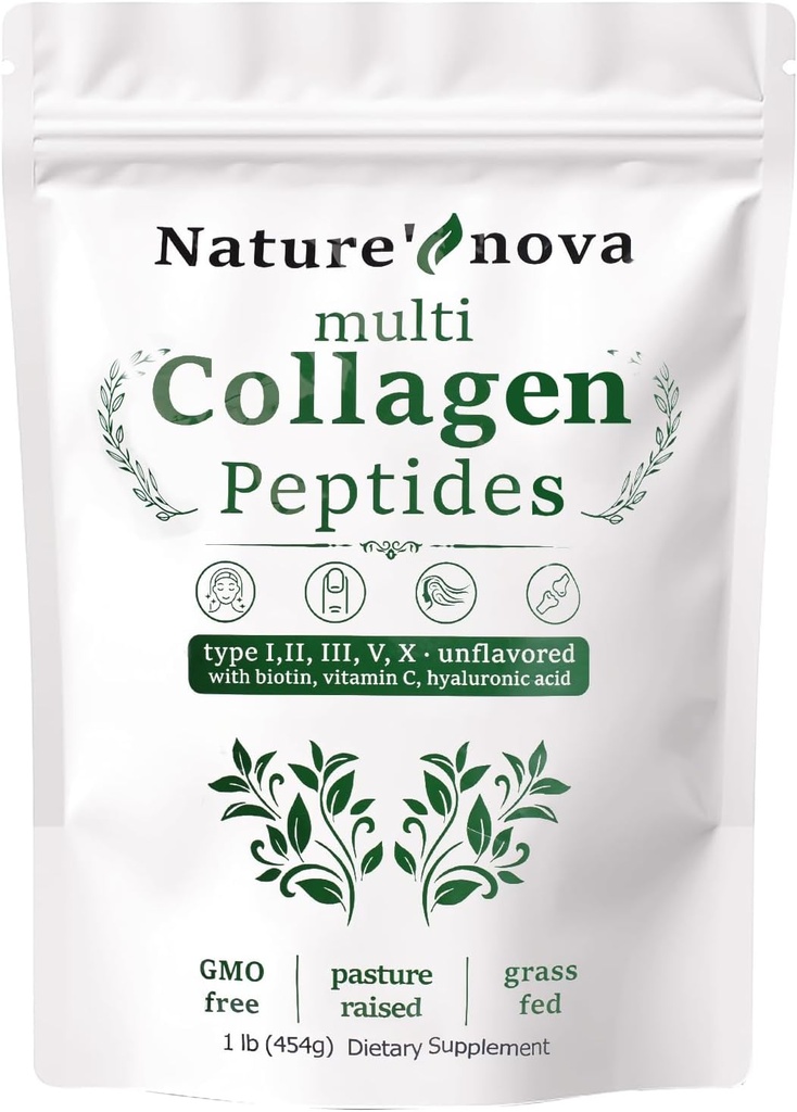 Nature 's Nova Multi Collagen Peptides Powder - 유형 I, II, III, V, X Biotin, Hyaluronic Acid, 비타민 C - 쉽게 용해되지 않은, 비 GMO