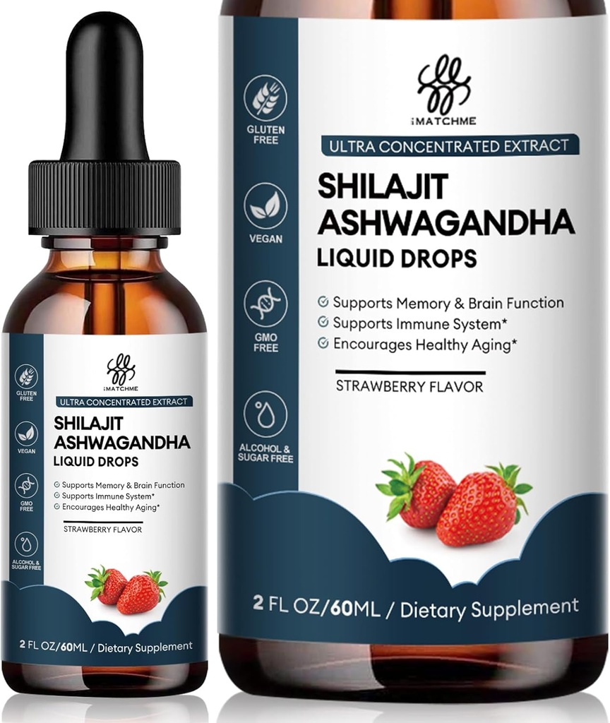 향상된 에너지 및 면역 지원을위한 Ashwagandha가있는 iMATCHME Shilajit 액체 드롭, Men Energy Booster, Sugar-Free, Strawberry 풍미, 2 Fl Oz 용 Shilajit