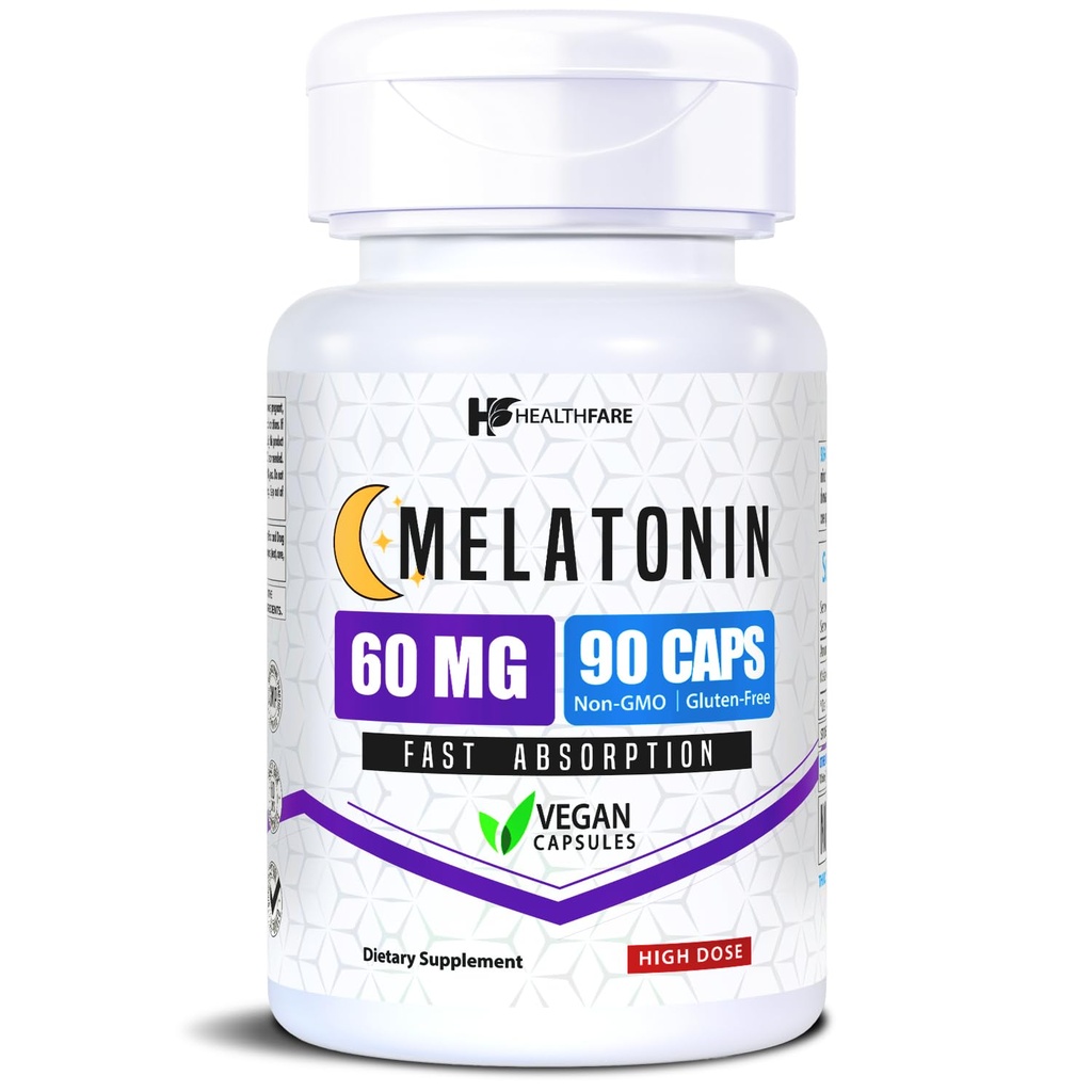 Healthfare Melatonin 60mg | 90 Veg 캡슐 | 고스텐 포뮬러 | 채식주의, 비 GMO, 글루텐 프리 | 미국