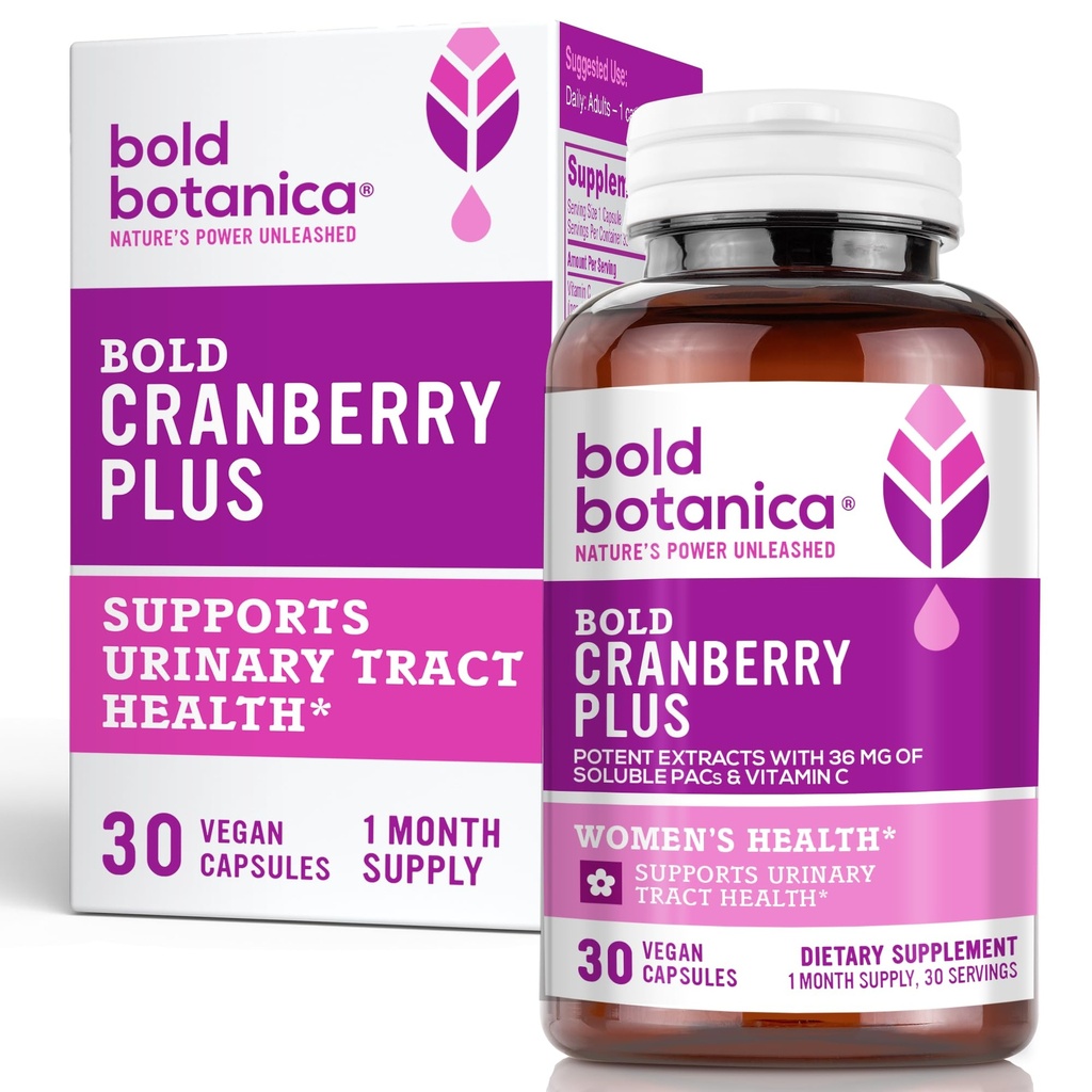 Bold Cranberry Plus - 36 mg PACs - 100 % 수용성 PAC - 비 GMO 비타민 C와 여성 및 남성을위한 Urinary Tract UTI 지원 크랜베리 알약 - 30 Vegan 캡슐