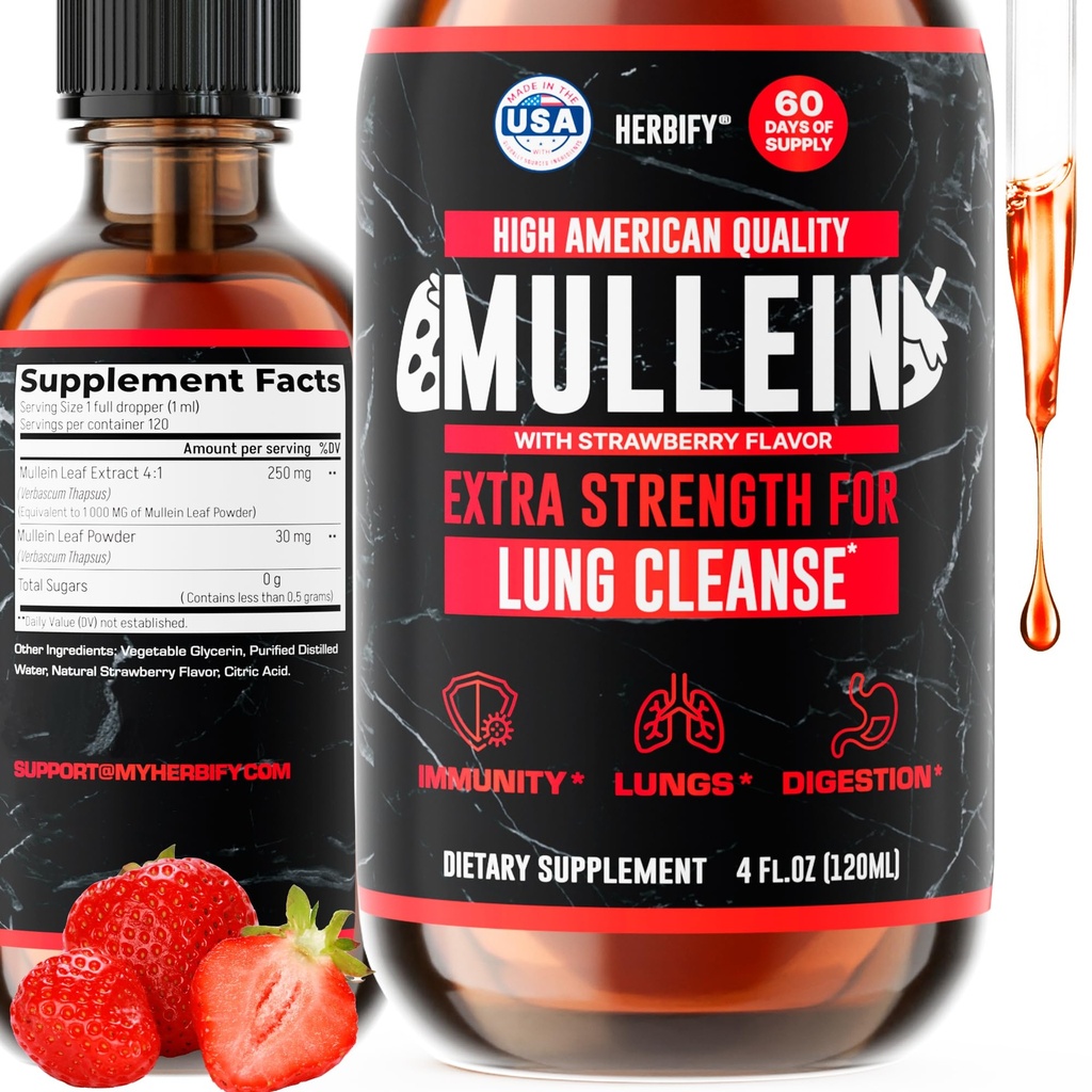 HERBIFY Mullein Drops - Lung Cleanse - 잎 추출물 - 면역 지원, 해독 및 호흡 지원을위한 강력한 Mullein - 미국 - 4 Oz Strawberry 풍미