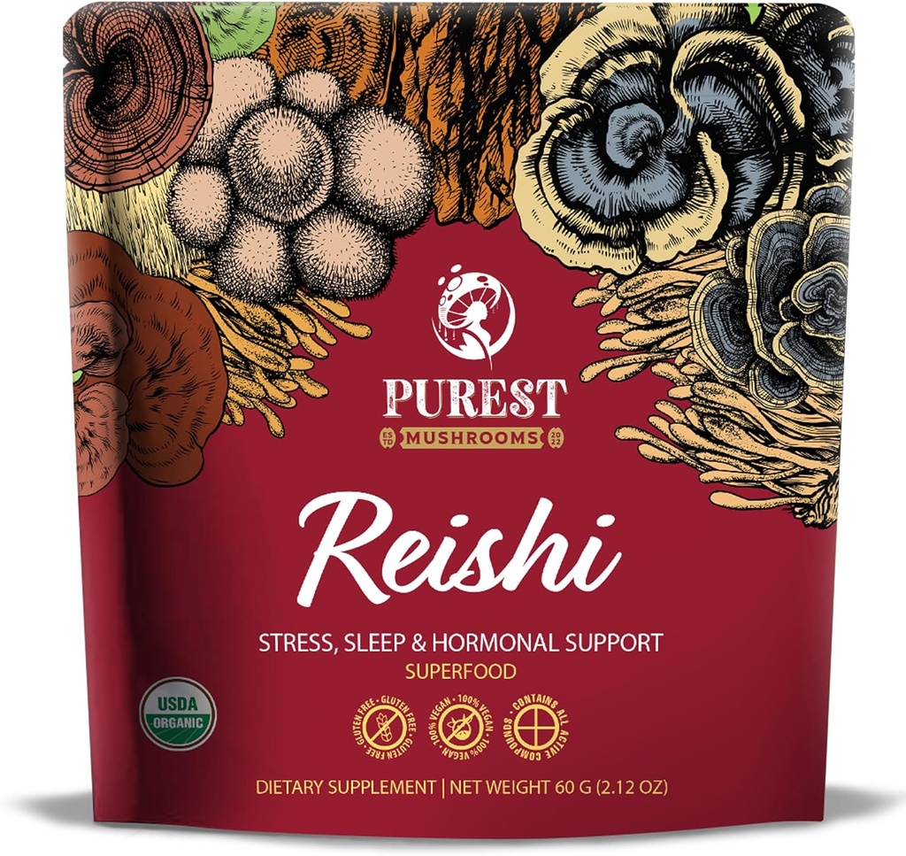 Reishi 분말 - 유기 버섯 추출물 분말 - 버섯은 면역 지원, 스트레스 완화, 더 나은 수면 60g에 대 한 보충