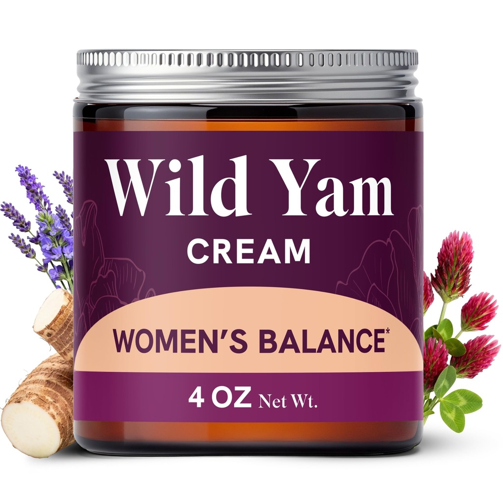 호르몬 균형을위한 야생 Yam 크림 | 3450mg Wild Yam for Herbal Menopause & PMS 서포트 | Vitex, Black Cohosh, Lavender & More | 에스트로겐 및 황체 호르몬 무료 균형 크림 | 4 Oz.