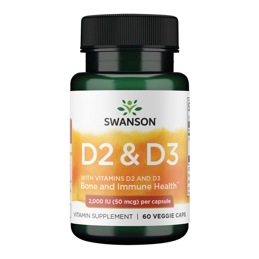 Swanson Vitamin D Complex 비타민 D2 & D3 - 뼈, 치과 및 면역 건강을위한 완벽한 선샤인 비타민 복합체 - 비타민 보충 (50 mcg, 60 Veggie 캡슐)