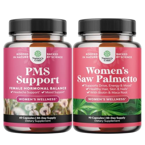 PMS 지원 및 톱 팔로토 여성 - 호르몬 균형 DIM, Chasteberry, Black Cohosh & Ashwagandha for Period Cramps and Saw Palmetto Extract with Maca Root & Biotin for Hair Loss