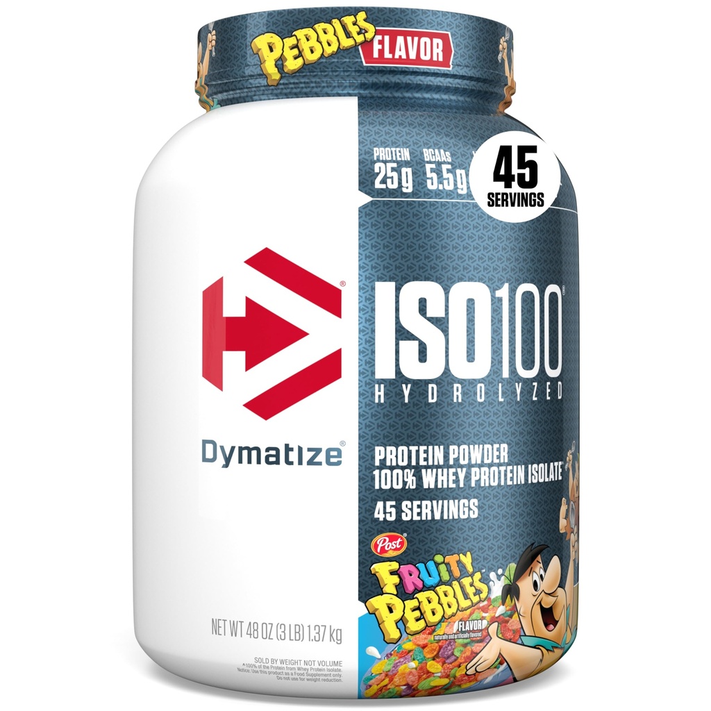 Dymatize x 과일 Pebbles ISO100 Whey Protein Powder Isolate, 단백질 25g, 5.5g BCAAs, 120 Cal., 글루텐 무료, 1g 지방, 1g 설탕, 2g Carb (45 서빙)
