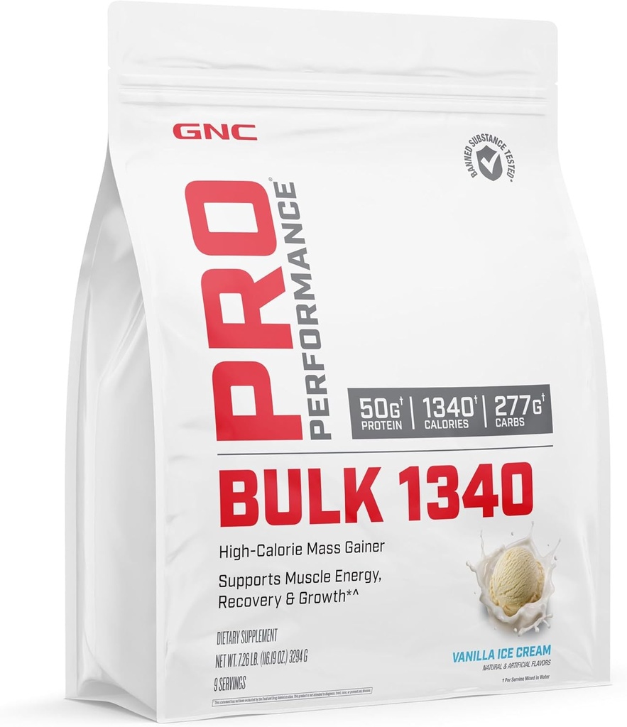 GNC 직업적인 성과 대량 1340 대량 게인더 단백질 분말, 50g의 글루텐 자유로운, Whey, Creatine, BCAA, 3rd 당 시험해, 근육 회복 & 성장, Micronutrients, 바닐라 아이스크림, 9개의 서빙