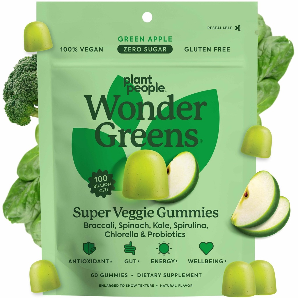 식물 사람들 WonderGreens Veggie Gummies Super Greens with Probiotics Multivitamin Support Gummy for Wellbeing, Energy, Immune 및 Gut Health, Green Apple 풍미 (60 개)