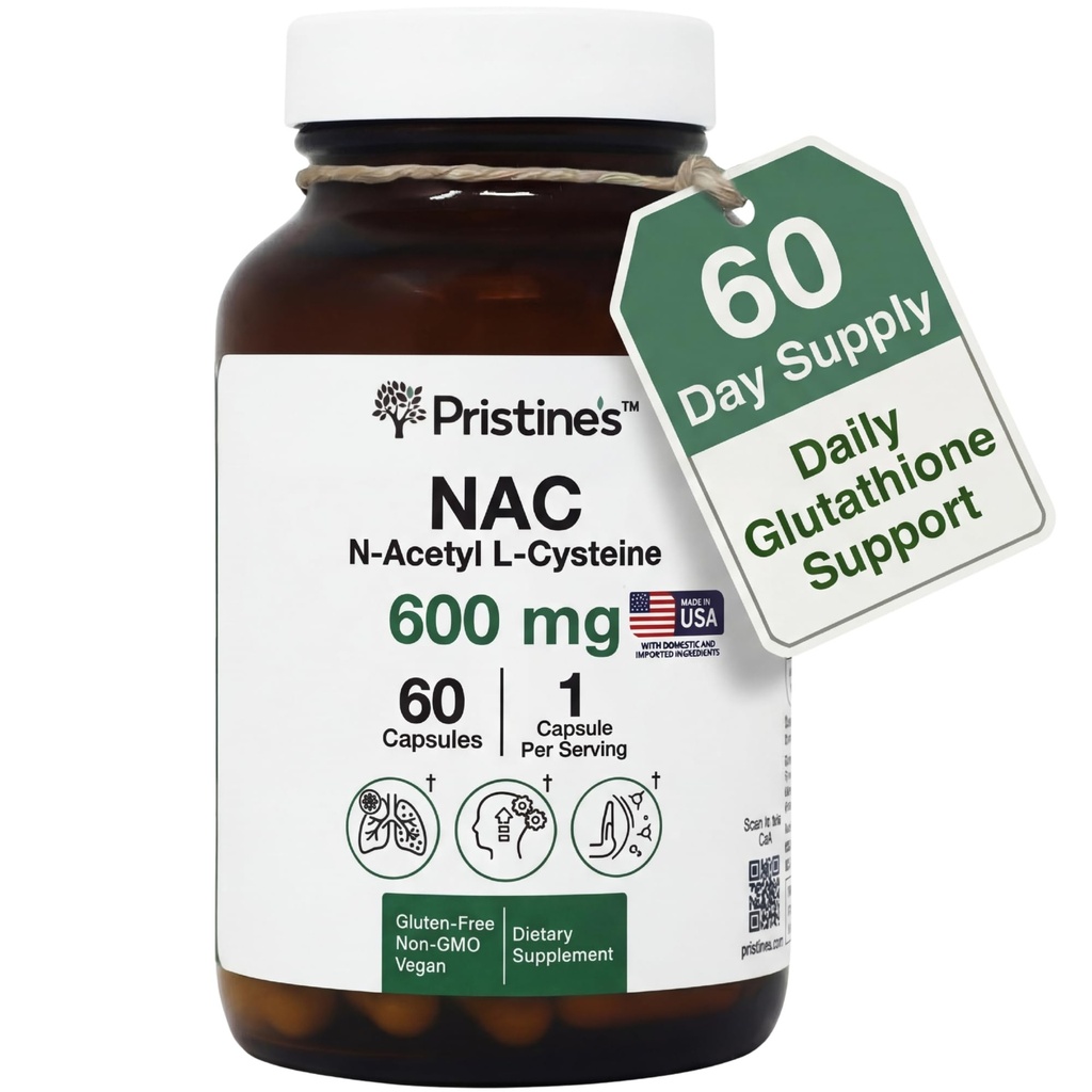 PRISTINE'S N-Acetyl L-Cysteine (NAC) 600MG 60 일 공급 보충교재 캡슐 - 글루타티온 & 간결 Detox 지원 - 유력한 산화 방지제 - 글루텐, 비 GMO 유리 병