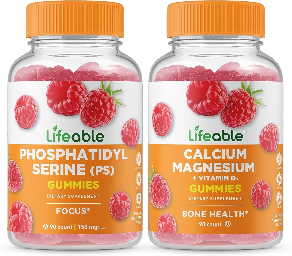Lifeable Phosphatidylserine (PS) + 칼슘 마그네슘, Gummies 번들 - 훌륭한 타스팅, 비타민 보충, 글루텐 무료, GMO 무료, Chewable Gummy