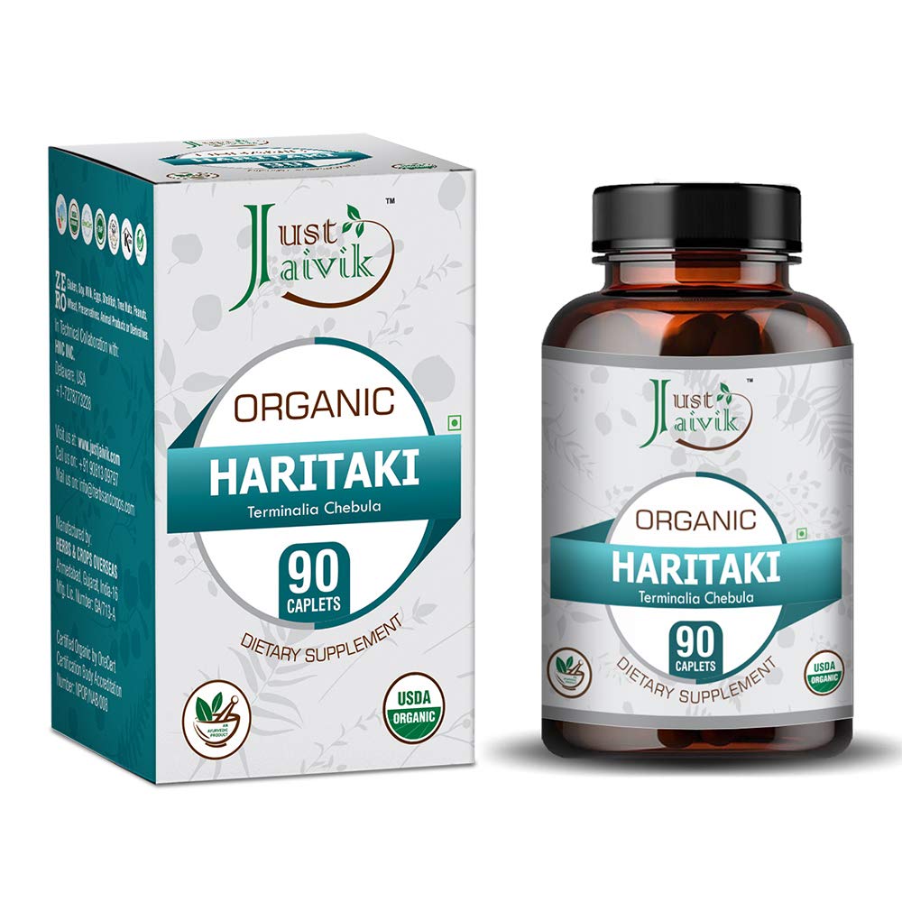 Just Jaivik Organic Haritaki (Terminalia Chebula) - 750mg (90 정제) | Vata를 위한 해독 및 회춘을 위한 규정식 보충교재