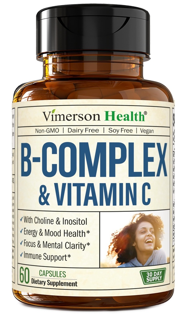 비타민 B 복합체 VIT C & Folic Acid (Folate) - 8 높은 효능 B 비타민 : B1, B2, B3, B5, B6, B7, 비타민 B12 + Biotin, 콜린 & Inositol. Aids Mood, 에너지, Nervous 시스템 및 면역 지원