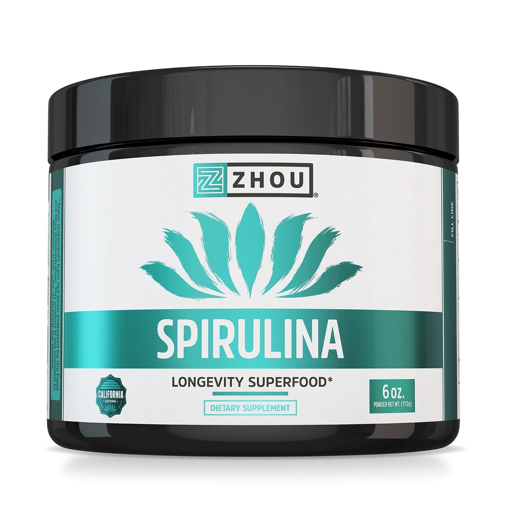 Zhou Spirulina 분말 - Vegan Protein, Chlorophyll & Phycocyanin을 가진 여성 & 남자를 위한 파란 녹색 Spirulina Superfood - 매끄러운 에너지 & 장수를 위한 음료 혼합 - 6개 oz 단지 (48의 서빙)