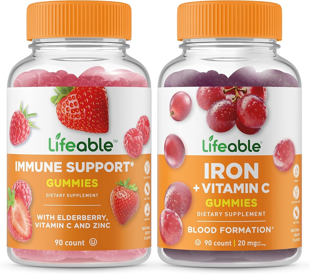 Lifeable 면역 지원 + 비타민 C, Gummies 번들 - 훌륭한 타스팅, 비타민 보충, 글루텐 무료, GMO 무료, Chewable
