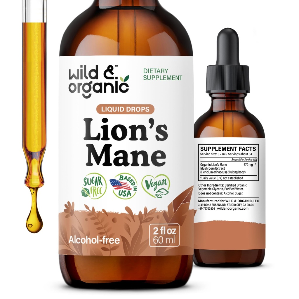 Wild & Organic Lions Mane Liquid Drops - Focus & Brain Support - Lions Mane Supplement - Hericium Erinaceus Mushroom Extract Tincture - Vegan, 알코올 및 설탕 무료 - 2 fl oz