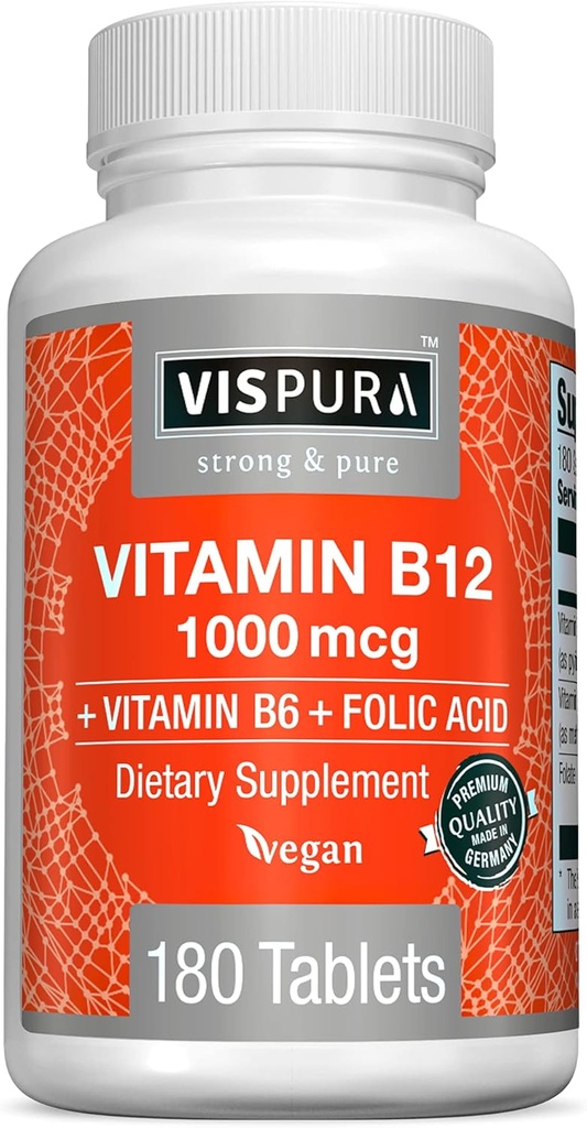 VISPURA 비타민 B12 1000 mcg Methylcobalamin + B6/Folic 산, 180 Vegan 정제, 에너지 증가를 위한 제일 보충교재, 개량한 계류, Sharpen Focus*의 유기 보충교재