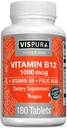 VISPURA 비타민 B12 1000 mcg Methylcobalamin + B6/Folic 산, 180 Vegan 정제, 에너지 증가를 위한 제일 보충교재, 개량한 계류, Sharpen Focus*의 유기 보충교재