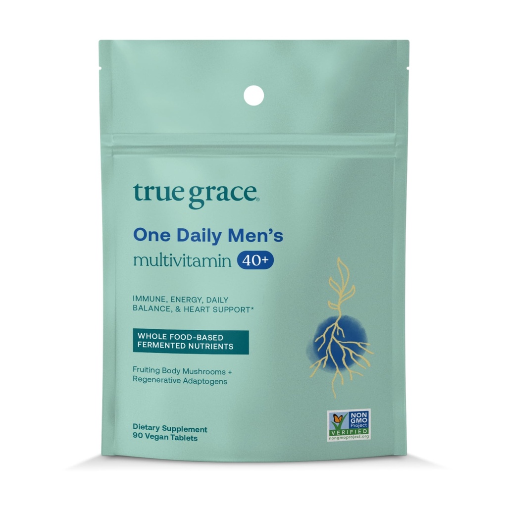 True Grace Men's 40 + 일일 멀티 비타민 발효 미네랄, 유기 Adaptogens & 버섯 전체 바디 밸런스 면역, 내구력, 뼈 & 하트 지원 보충 - Non-GMO - 90 채식 정제