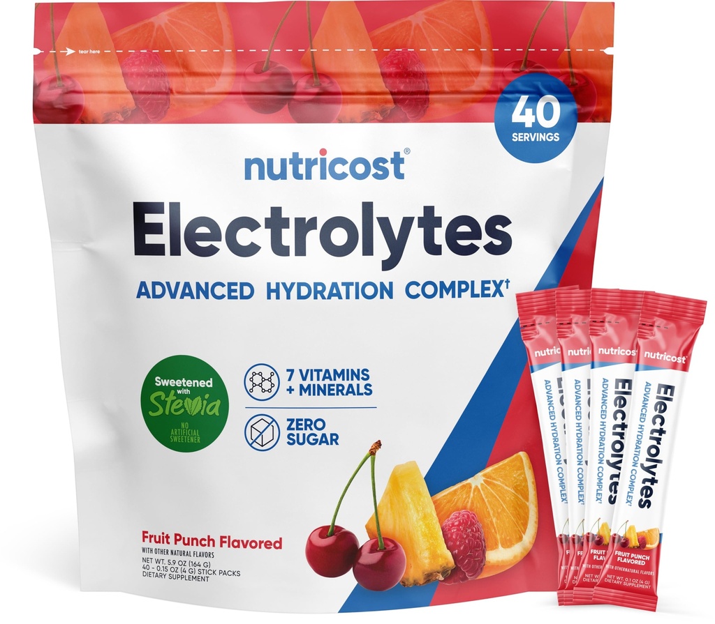 Nutricost Electrolytes Complex, 과일 펀치 맛, 40 Stickpacks - 고급 Hydration Complex