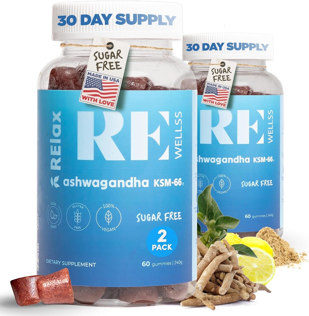 Ashwagandha & Vitamin D Gummies | 다이어트 보조제 | KSM 66 Ashwagandha for stress Support 300mg | L-Theanine Lemon Balm | 천연 허브 비 GMO 설탕 무료 글루텐 & 젤라틴 무료 | 2 팩