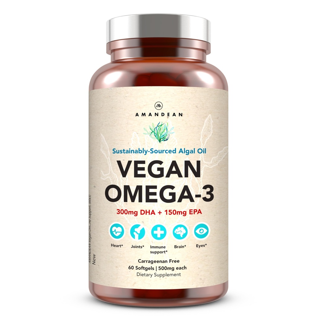 AMANDEAN Vegan 오메가 3 보충. Premium Fish Oil 대안. 조류 DHA 및 EPA. Carrageenan 무료 Softgels. Algal 필수 지방산. 식물 기반 심장, 두뇌, 눈, 피부, 면역 지원. (60ct)