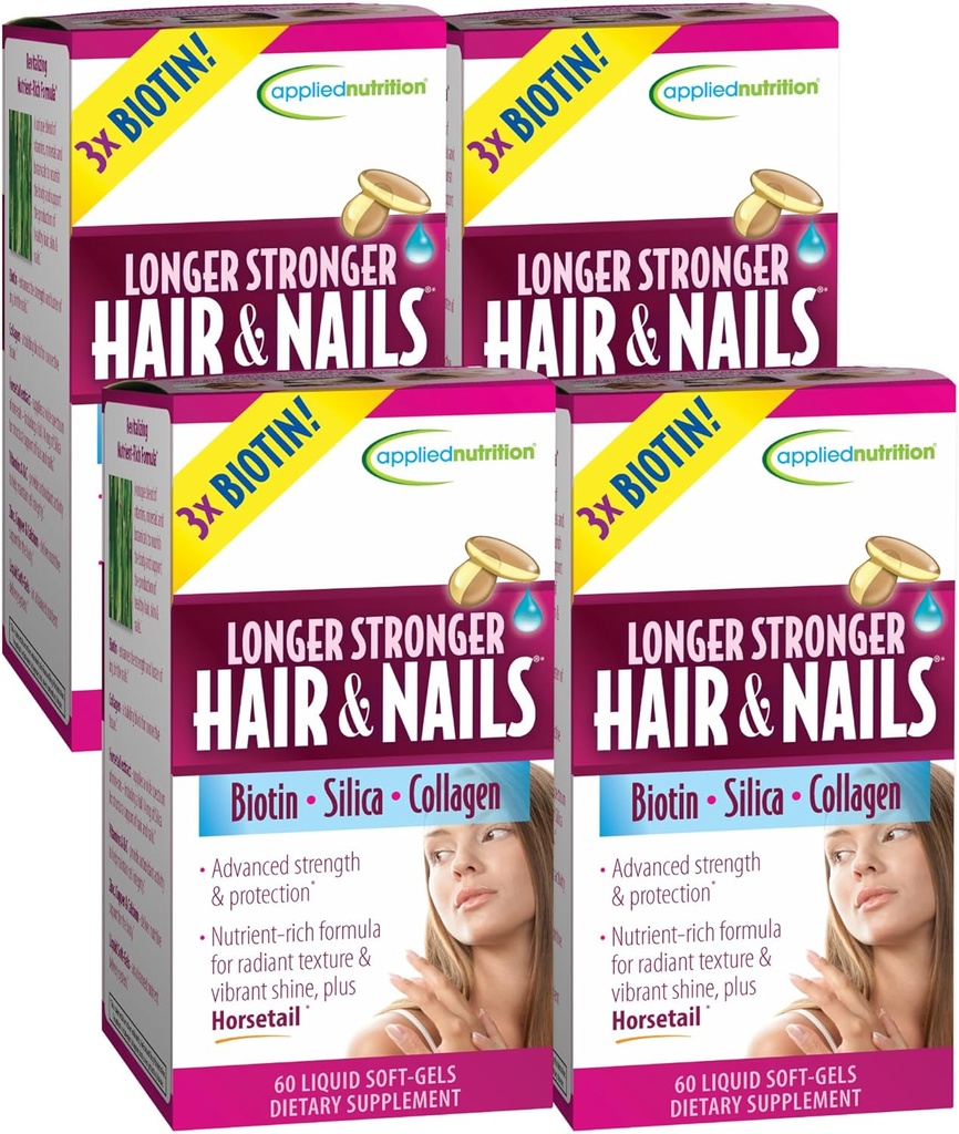Applied Nutrition Longer Stronger Hair & Nails - 60 액체 소프트 젤, 4 팩 - Biotin, 실리카 및 교원질 - 120 서빙