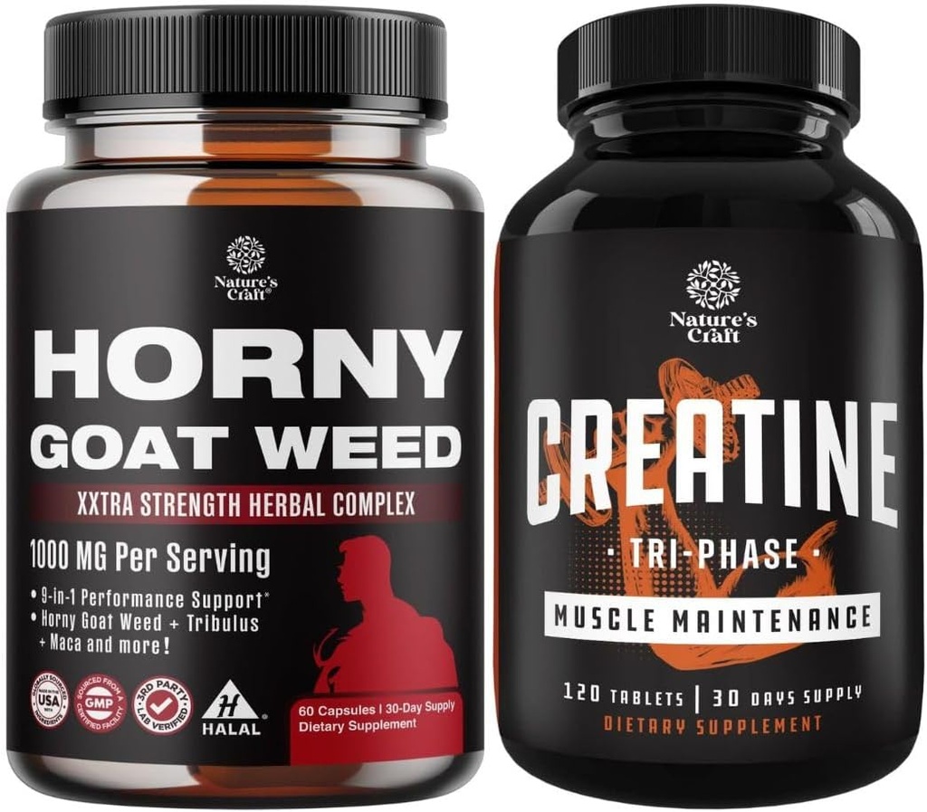 남성과 여성을 위한 Horny Goat Weed Extract Complex의 번들은 에너지와 체력과 고강도 Tri Phase Creatine 환약을 강화했습니다 - 남성과 여성을 위한 Optimal Muscle Builder Creatine 보충교재