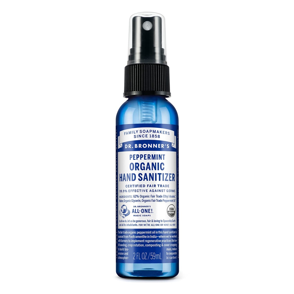 Bronner 박사 - 유기 손 소독제 살포 (Peppermint, 2 온스) - 간단하고 효과적인 공식, 정화 & Sanitizes, Harsh 화학물질 없음, 습기를 공급하고 청결한 손