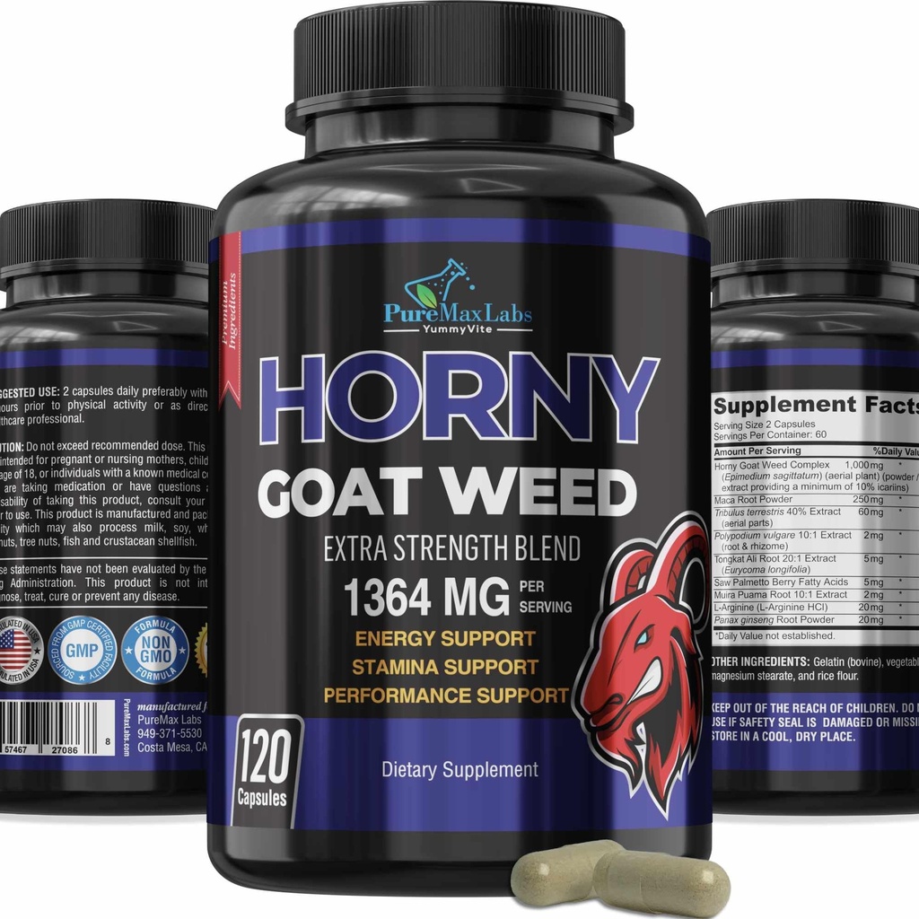 Horny Goat 잡초 여분 힘 -120 캡슐 w. Maca, L 아르기닌, 인삼 - Boost Desire, 성능, 체력, 에너지, 비 GMO 공식, 120 캡슐