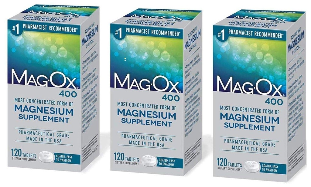 Mag-Ox 402 Mag-Ox 400 마그네슘 무기물 규정식 보충교재 정제, 483 mg 마그네슘 산화물 3 조사, 3 팩, 3.0 조사