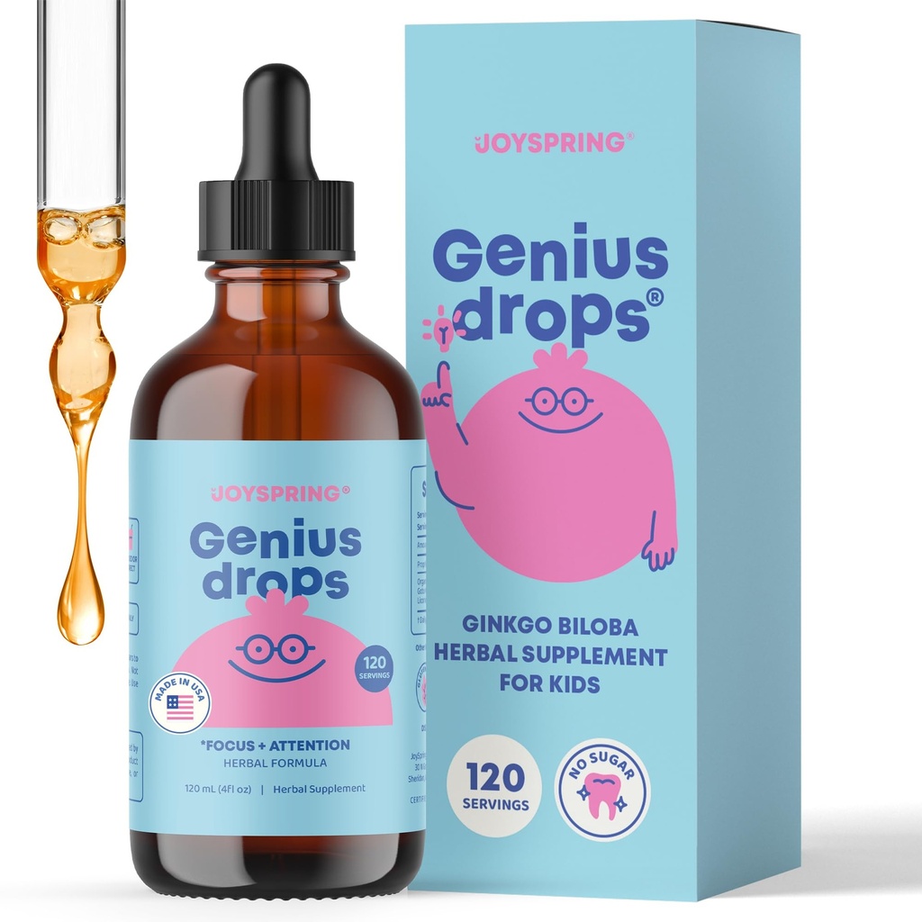 JoySpring Genius Drops - 아이들을위한 유기 초점 드롭 | 임상적으로 Proven Focus Supplement Helps Kids Perform Better in School | Ginkgo Biloba (4 fl oz) 120 인 액체 초본 보충