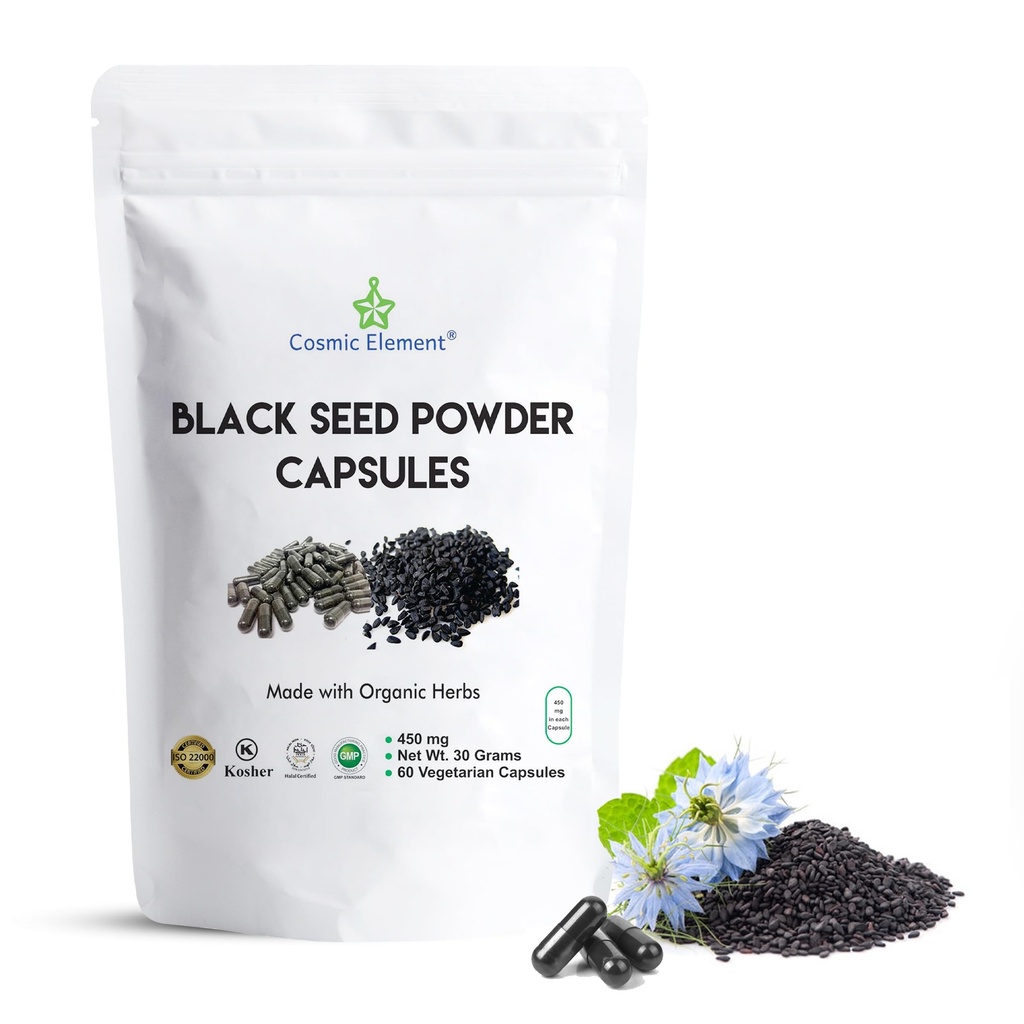 Cosmic 성분 100% 순수한 까만씨 분말 캡슐 유기 - 건강 - 60의 캡슐을 위한 서빙 당 Vegan Nigella Sativa 450mg 검정 Cumin씨