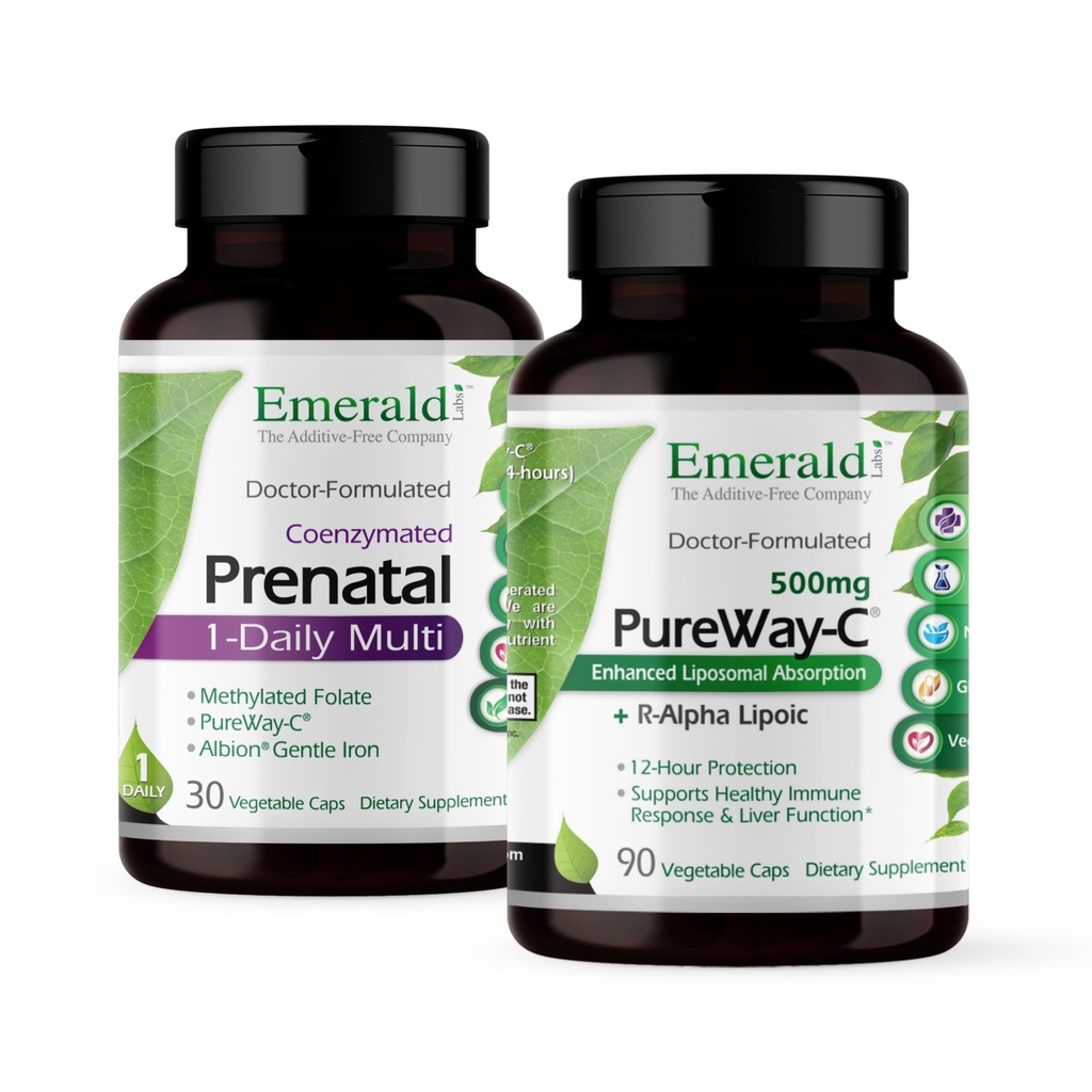 Prenatal 1-Daily Multi (60 Veg Cap) 및 PureWay-C (90 Veg Cap)와 에메랄드 랩 번들 - 메틸화 된 Folate, Iron & More*와 Prenatal Multivitamin - R-Alpha Lipoic Acid * 비타민 C 보충
