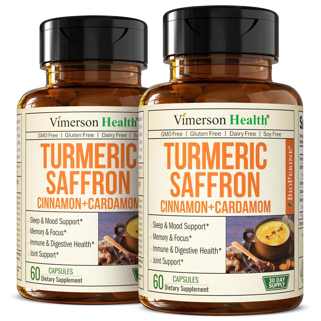 Saffron 보충제 - 89mg Saffron 추출물 및 1000mg Tumeric Blend - Ceylon Cinnamon과 Cardamom을 가진 심황 보충, 기억 및 눈 건강 - 여성 및 남성을위한 공동 보충제 - 2 팩