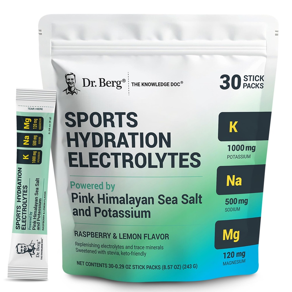 Dr. Berg Sports Hydration Electrolytes Powder w/More Salt (Pink Himalayan) - 30 Keto Electrolytes Powder Packets w/a Delicious Salty Raspberry & Lemon 풍미 - 칼륨 1,000mg 포함