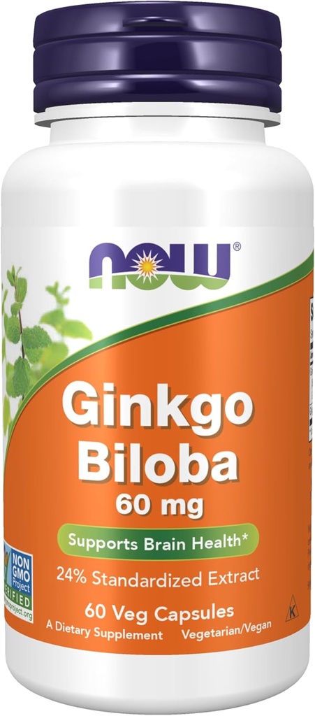 NOW 식품 보충제, 은행 Biloba 60 mg, 24% 표준화 된 추출, 비 GMO 프로젝트 검증, 60 Veg 캡슐