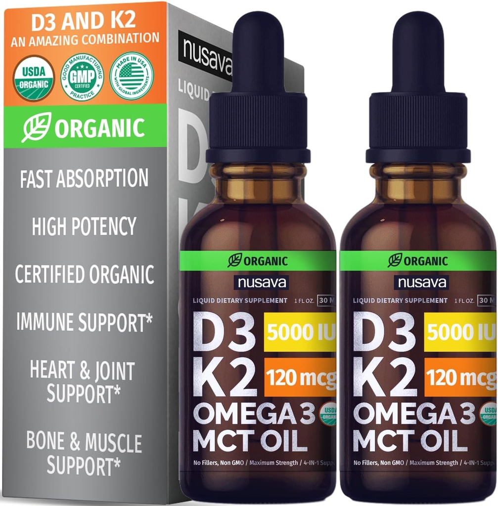 NUSAVA 비타민 B12 액체 낙하, Unflavored D3 K2, & Chlorophyll 번들 - 심장, 에너지, 두뇌 및 면역 지원을위한 강력한 액체 비타민 - 비 GMO, 글루텐 프리, 2pk 각각
