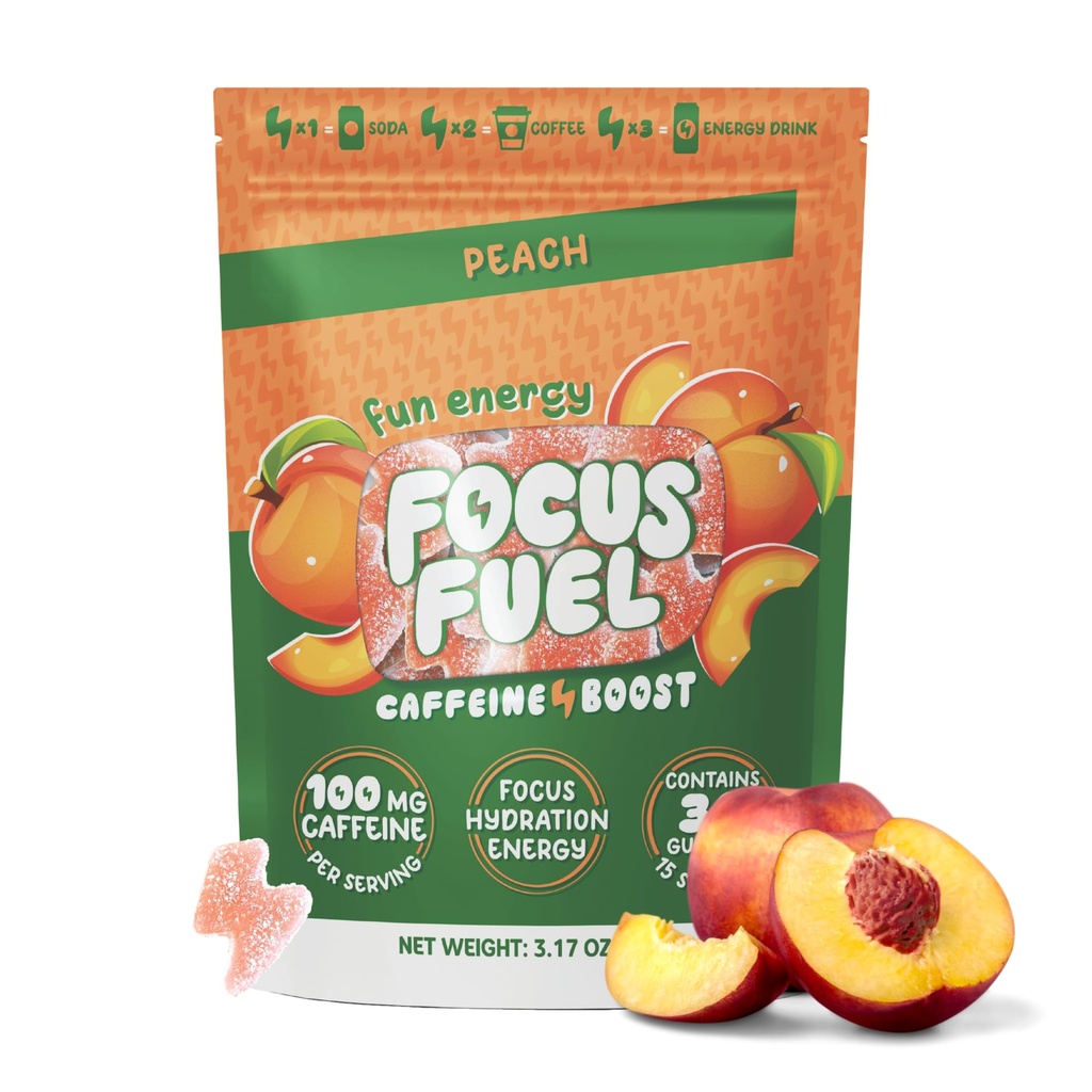 FocusFuel 에너지 Chews - 복숭아 맛 (15 서빙) - 100mg 카페인 + 알파 GPC + L-Theanine + B12, 마그네슘 - 부드러운 초점 및 에너지 - 충돌이나 지터 없음